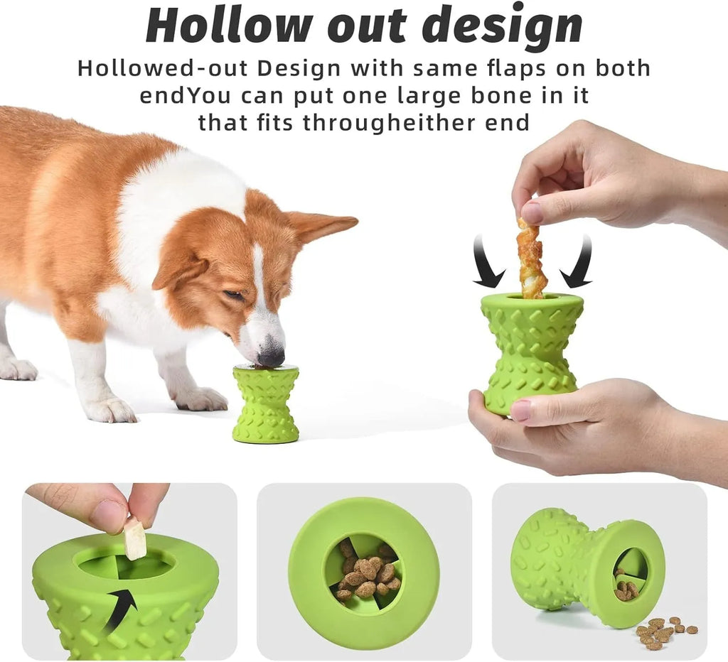 Blue natural rubber treat dispensing dog bone toy with double-sided food leakage holes on white background