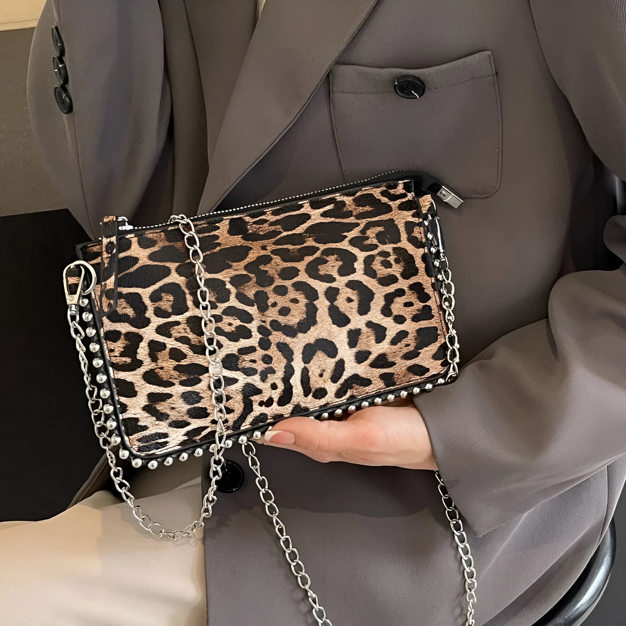 Women's square crossbody bag in PU leather with chain detail, shown in dark brown colour