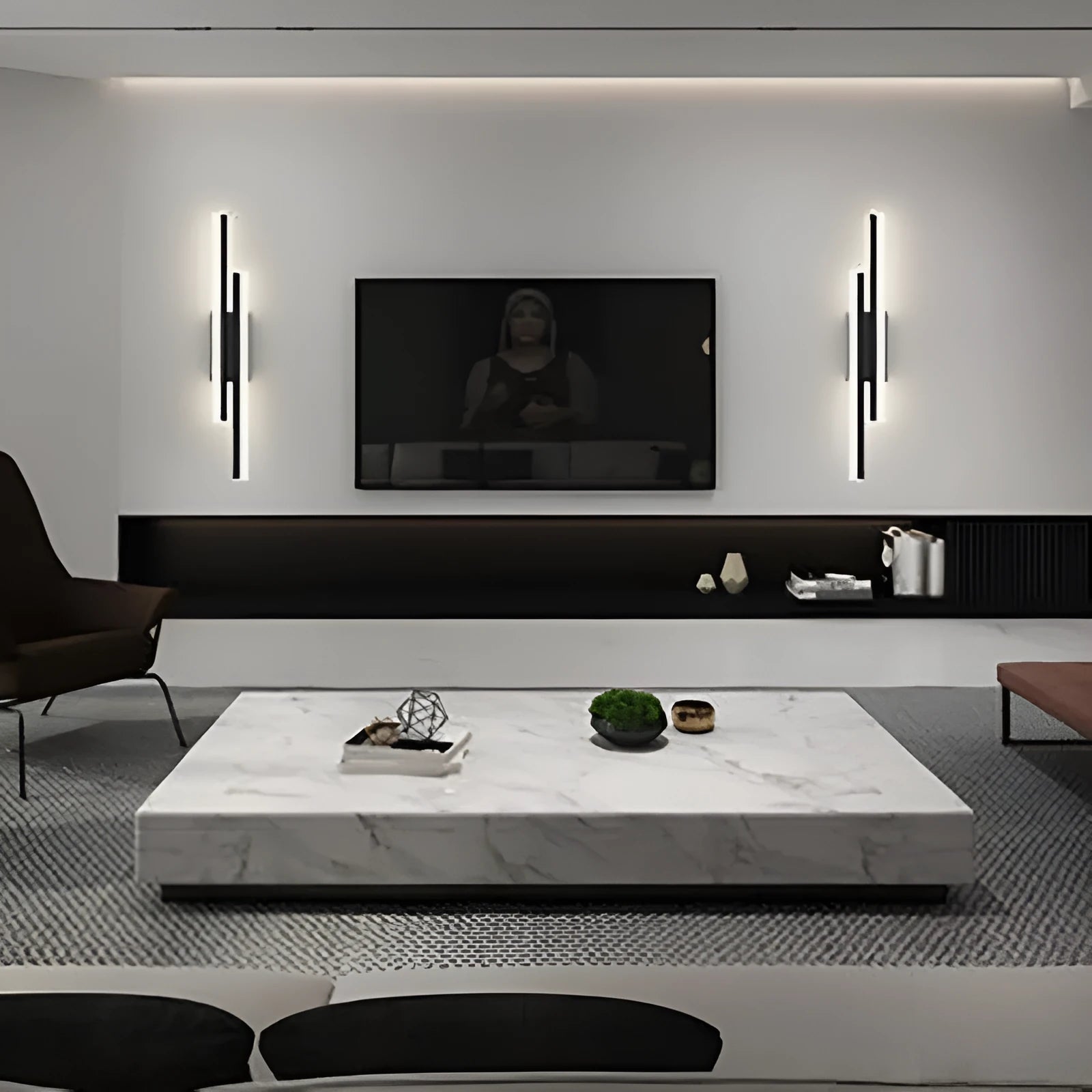 Modern minimalist Scandinavian LED wall light with acrylic shade in black or gold finish, shown in 48cm, 50cm, and 65cm sizes.