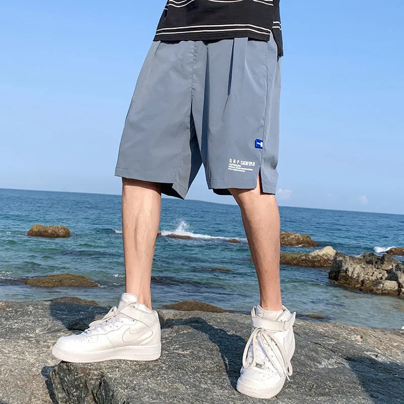 Men's ice silk quick-drying shorts in solid colour with straight tube cut and front tie closure