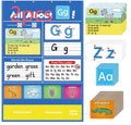 Large blue alphabet learning chart with slots for cards, surrounded by word, letter, and picture cards for children's education.