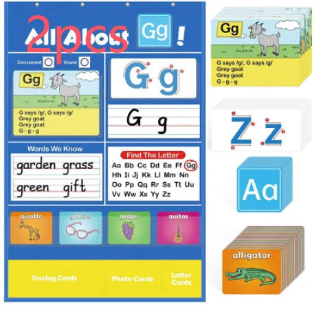 Large blue alphabet learning chart with slots for cards, surrounded by word, letter, and picture cards for children's education.