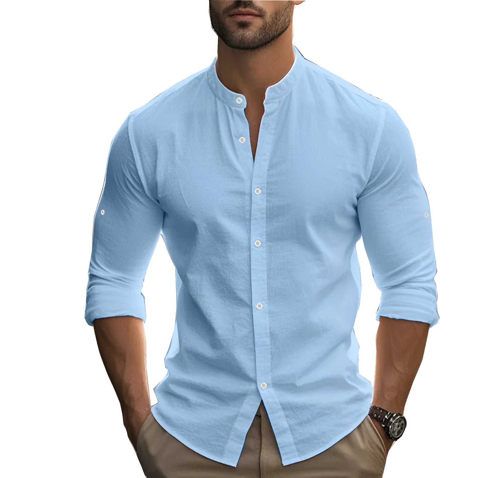 Men's long sleeve standing collar slim fit casual cotton shirt in five colours