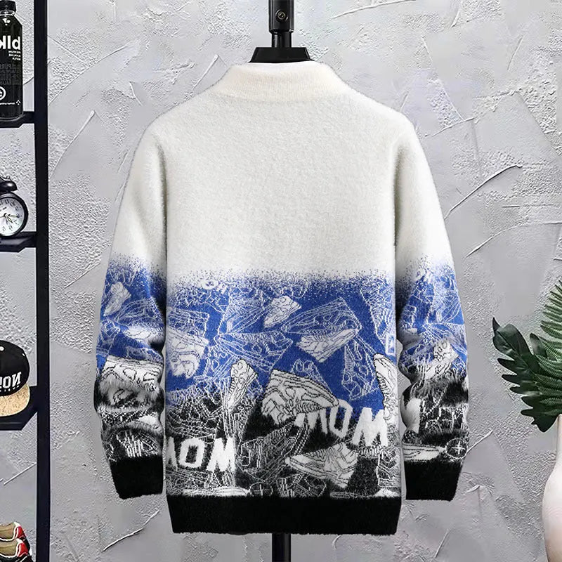 Mens fashion patchwork hip hop crew neck sweater in blue, loose fit long sleeves, cotton blend winter pullover