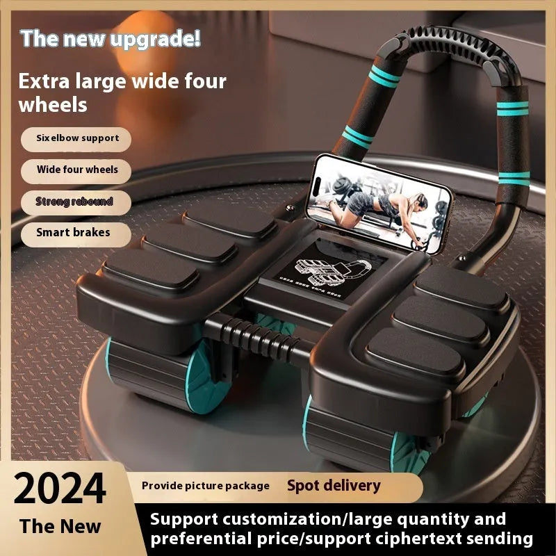 Intelligent four-wheel abdominal wheel with automatic rebound handles and elbow support pads in orange
