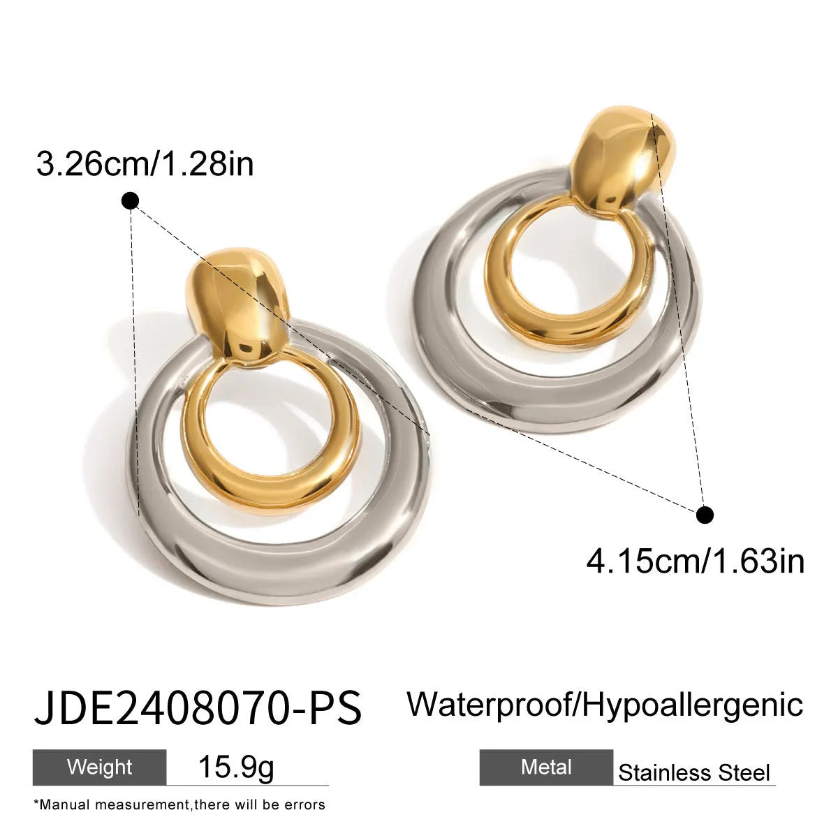 Round golden double layer hollow stud earrings for women with a geometric design.