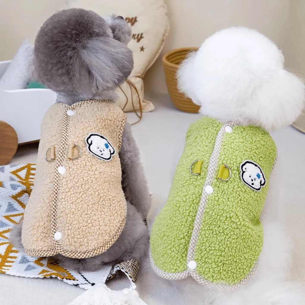 Green dog fleece vest with leash ring for small dogs in winter