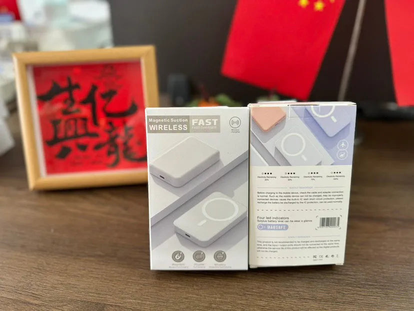 White portable power bank with magnetic wireless charging and 5000mAh capacity
