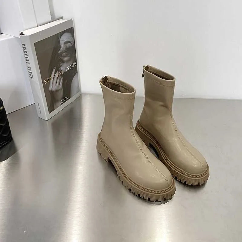 Fashion warm thick soled martin boots for women, round toe, low heel, PU upper, available in black, grey, khaki, white