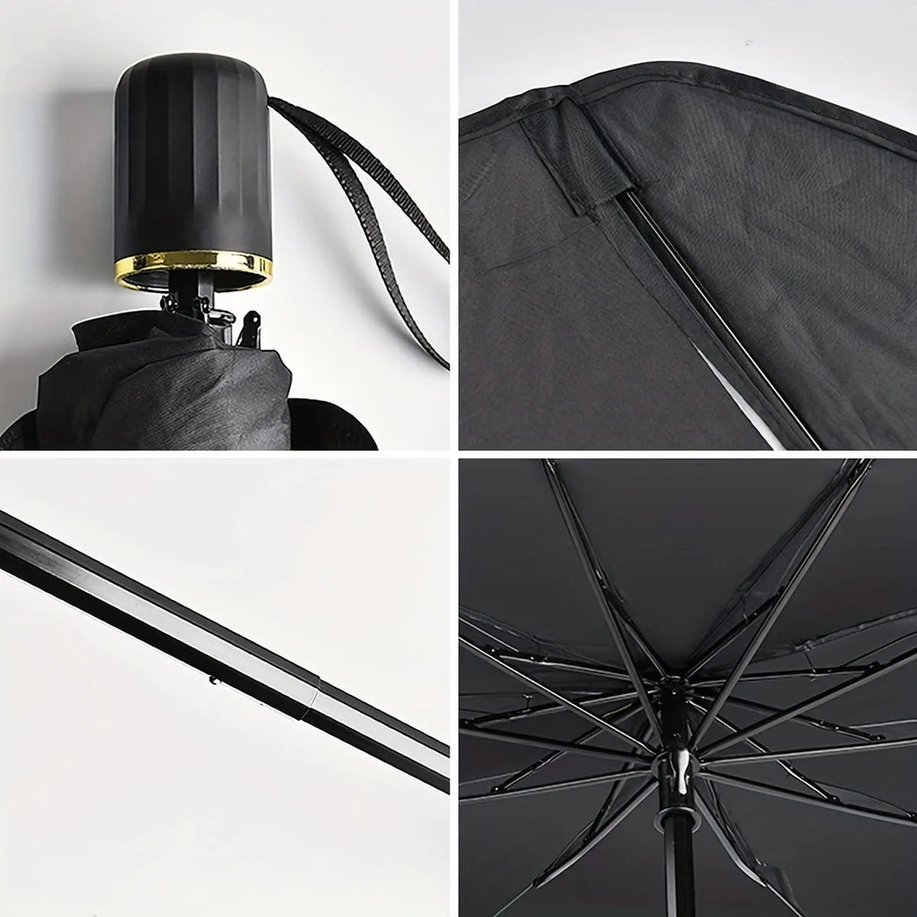 Foldable car windshield sunshade umbrella shown open against vehicle glass