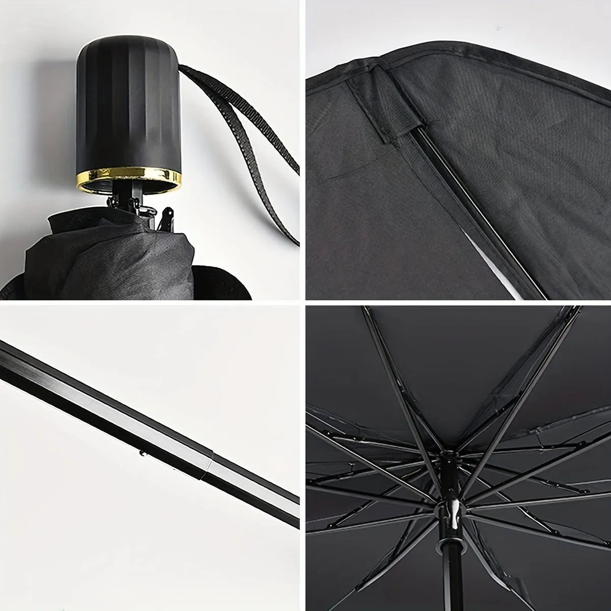 Foldable car windshield sunshade umbrella shown open against vehicle glass