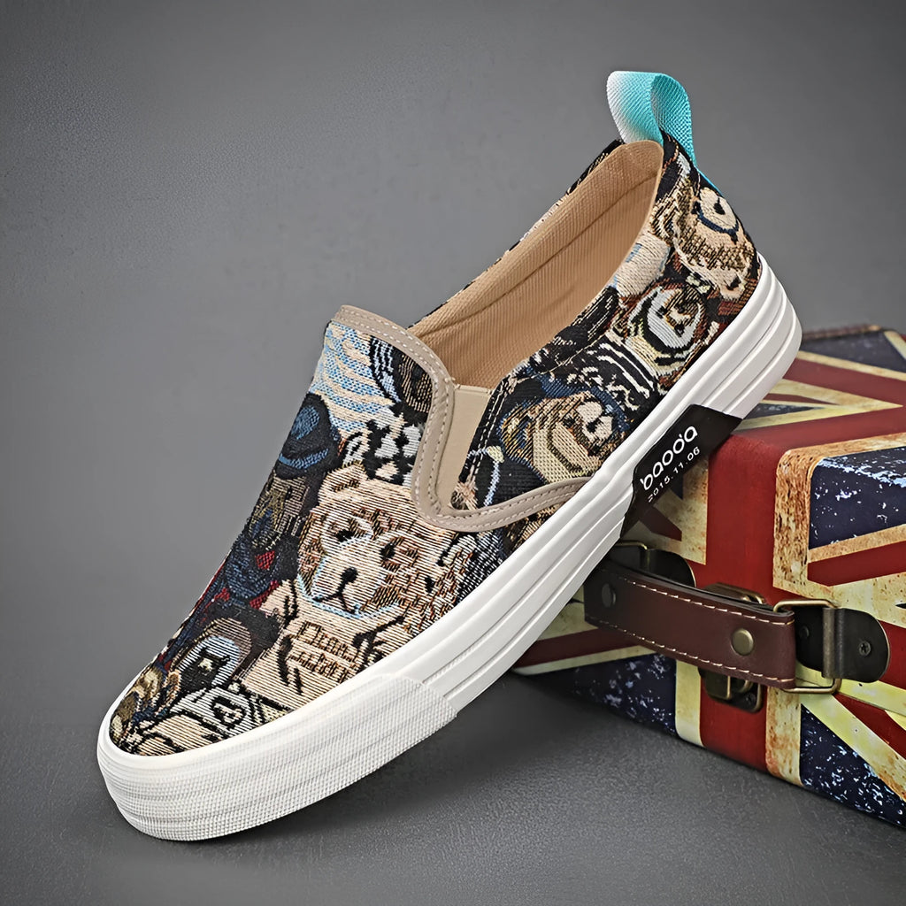 Khaki coloured canvas low-top slip-on sneakers with vulcanised rubber soles and a round toe.