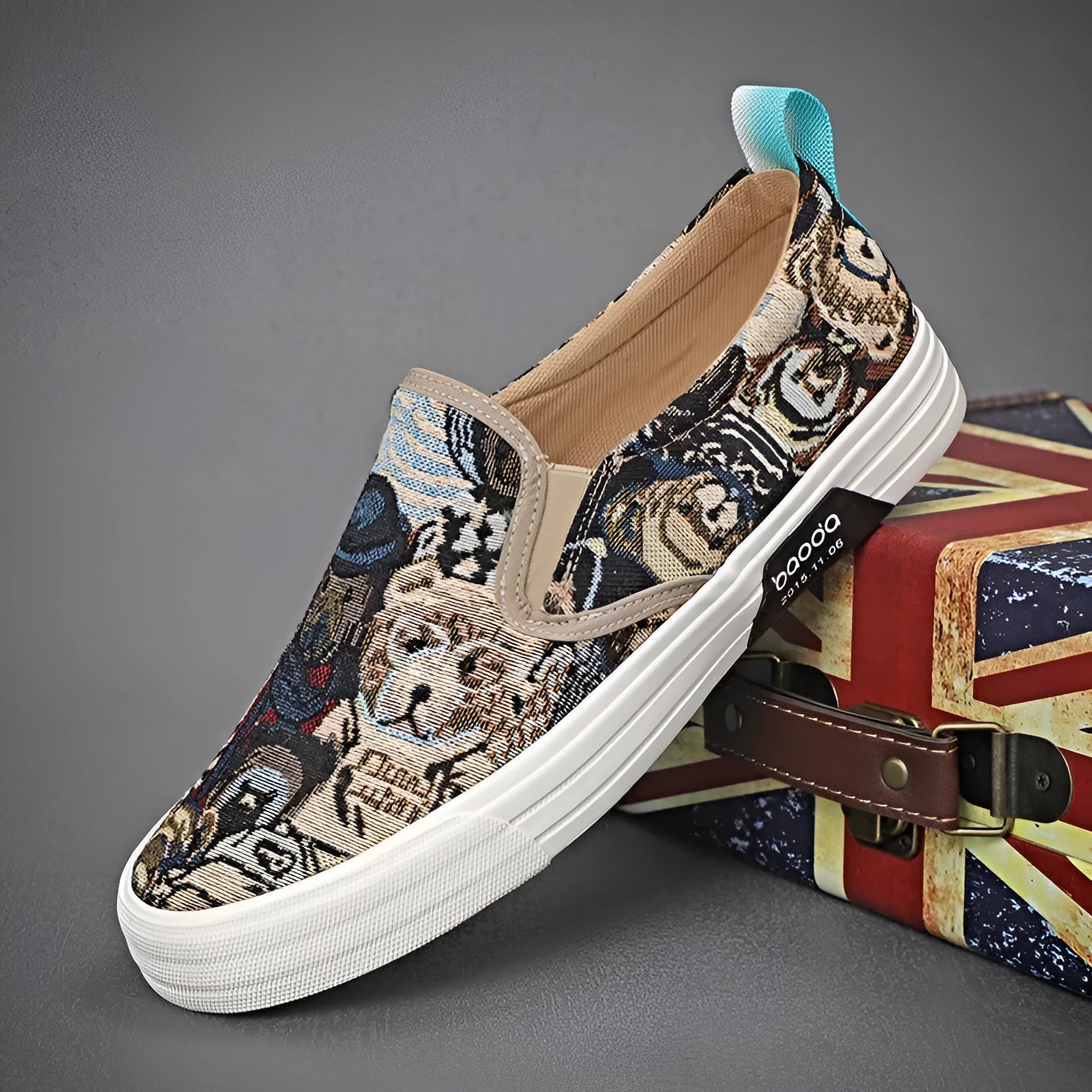 Khaki coloured canvas low-top slip-on sneakers with vulcanised rubber soles and a round toe.