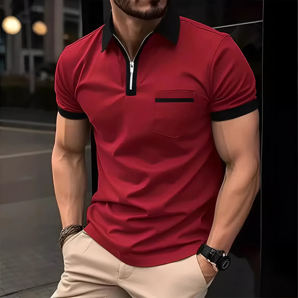 Men's casual short sleeve shirt with chest pocket and zip decoration in loose fit