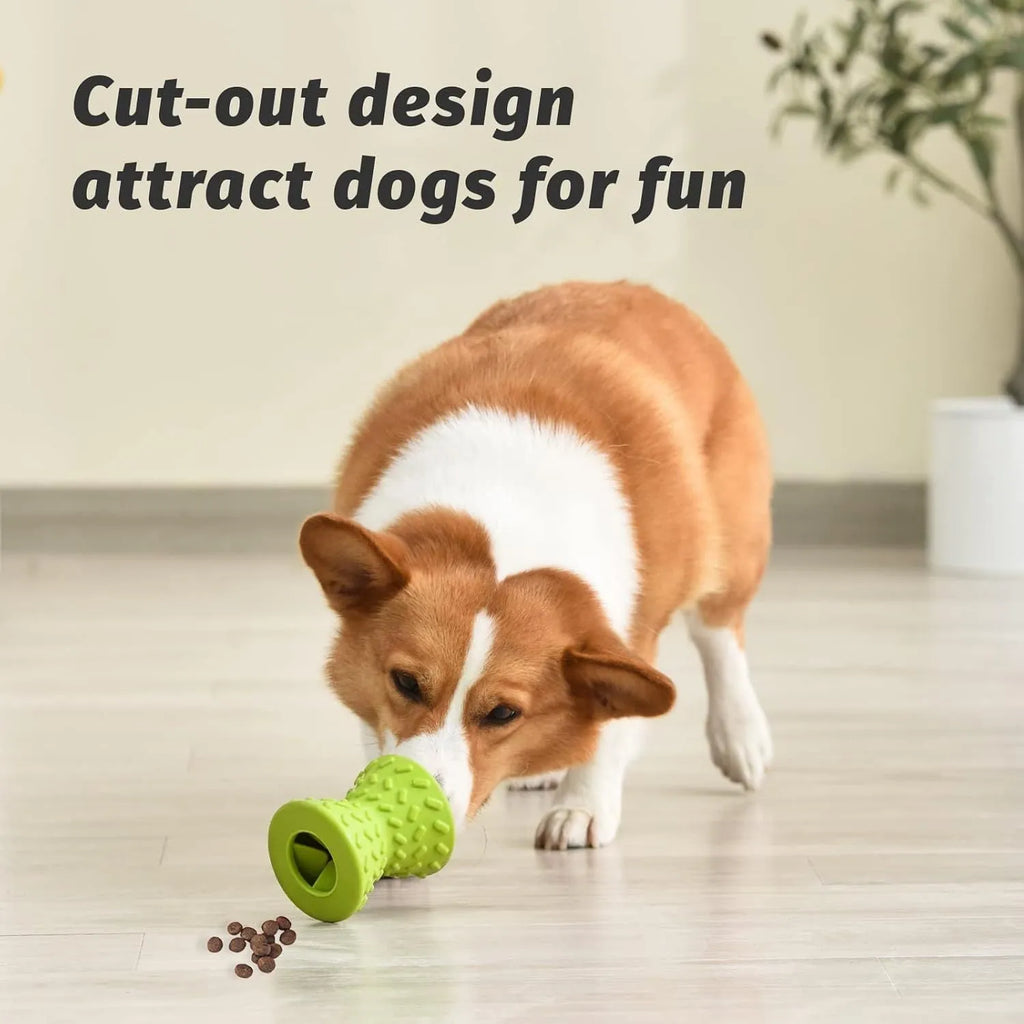 Blue natural rubber treat dispensing dog bone toy with double-sided food leakage holes on white background