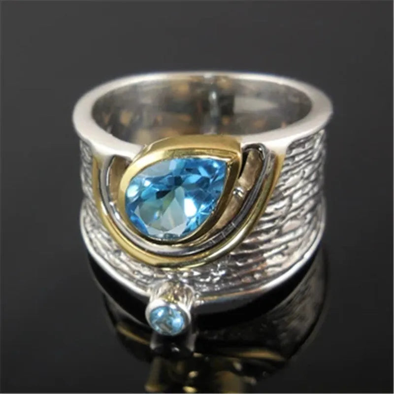 Women's blue zircon drop shape ring with Chinese style design and alloy construction