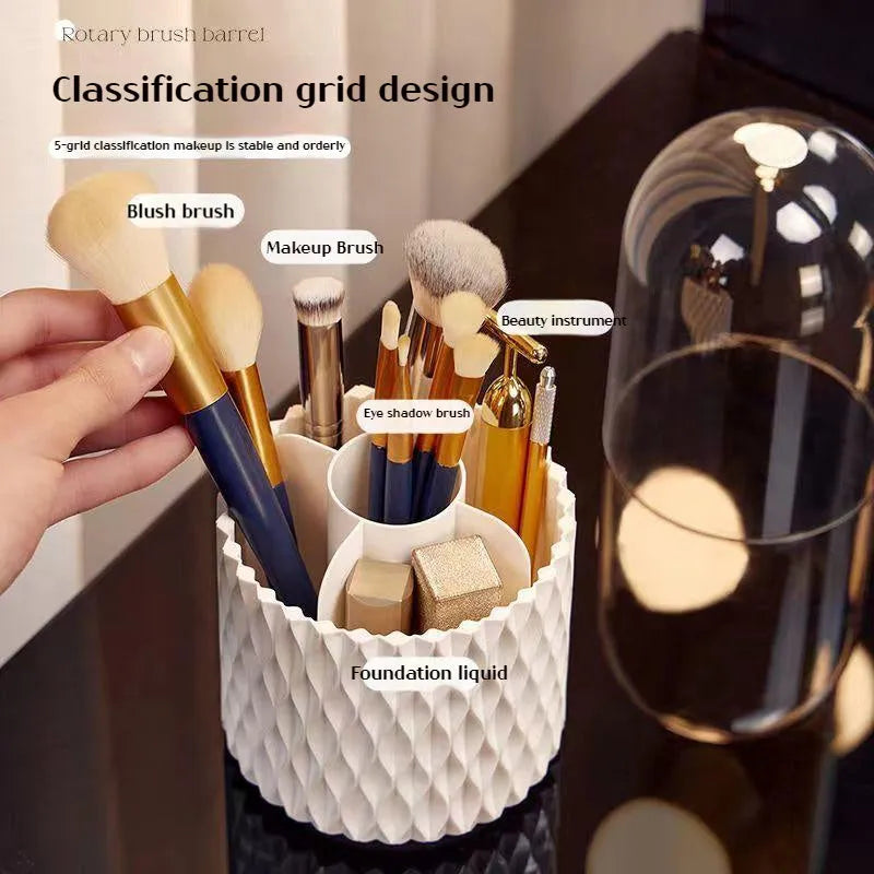 White acrylic makeup brush holder with transparent cover and rotating base for desktop storage
