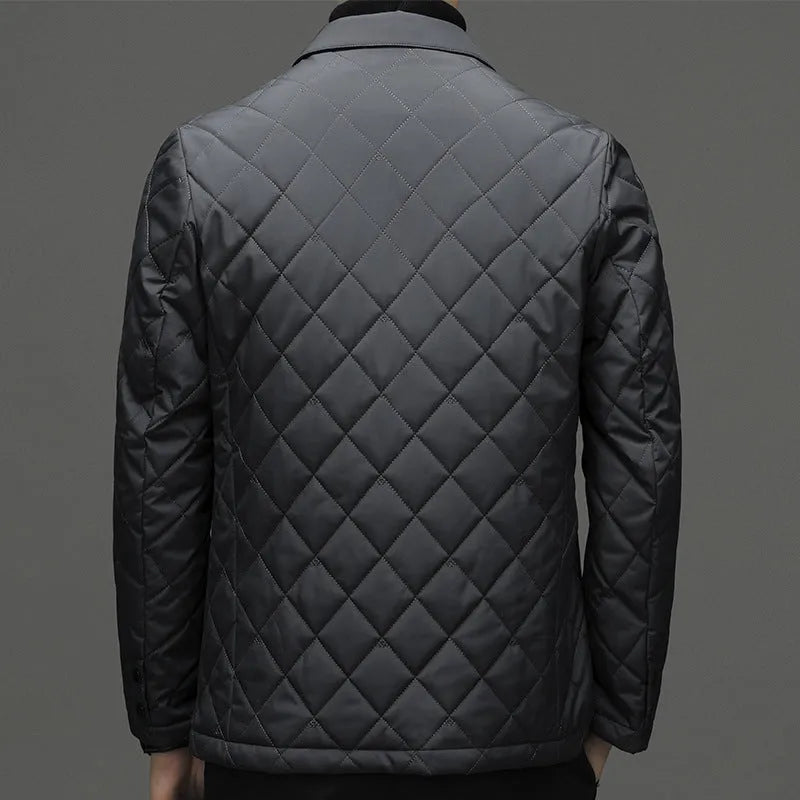 Men's black lapel down jacket with side pockets on a grey background