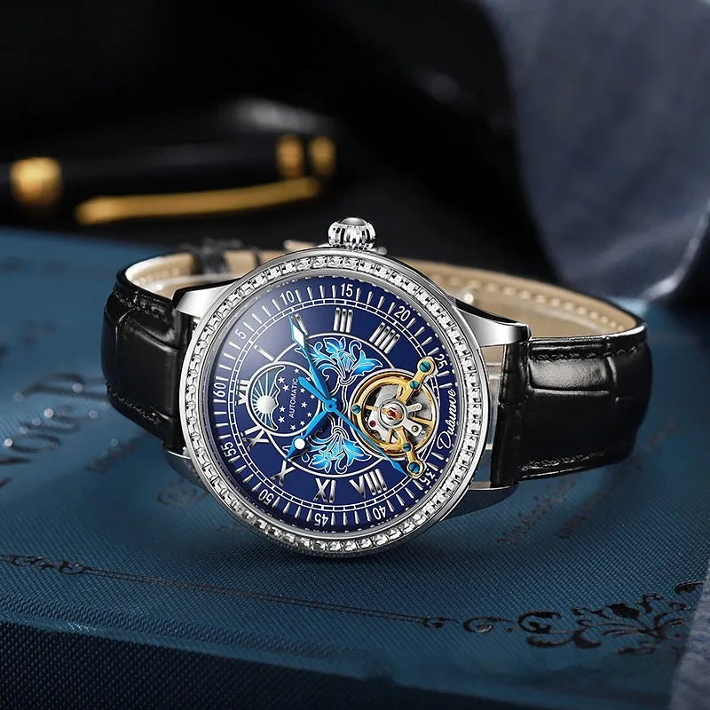 Men's waterproof mechanical watch with stainless steel strap and round dial on a wrist.