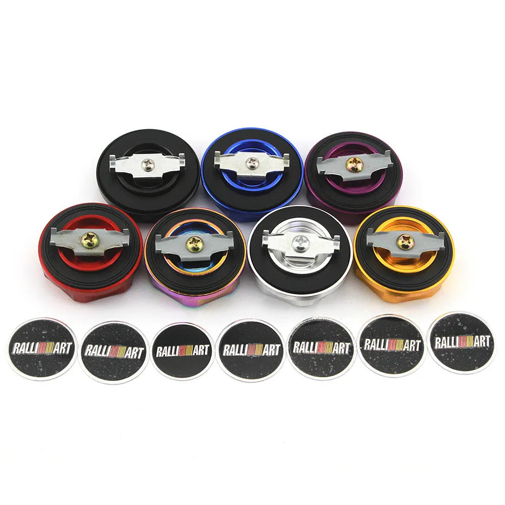 Aluminium alloy oil filter cap for Mitsubishi cars in red, blue, gold, silver, black, and purple colours.