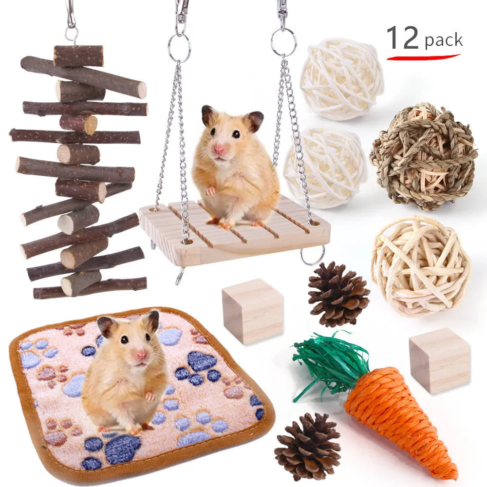Wooden pet toy set with straw mats and woven balls for rabbits and guinea pigs