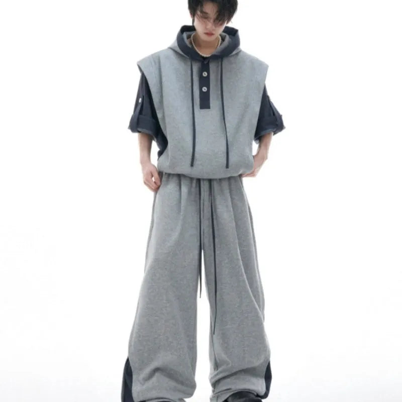 Men's black polyester hooded short sleeve jacket and trousers with three-dimensional stitching