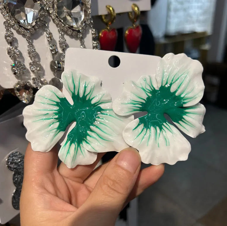 Pastoral style alloy flower stud earrings with oil-spot glaze finish in floral designs