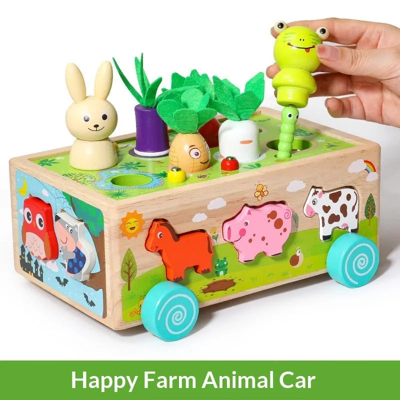 Children's wooden puzzle toy farm animal car with radishes and insects for infants