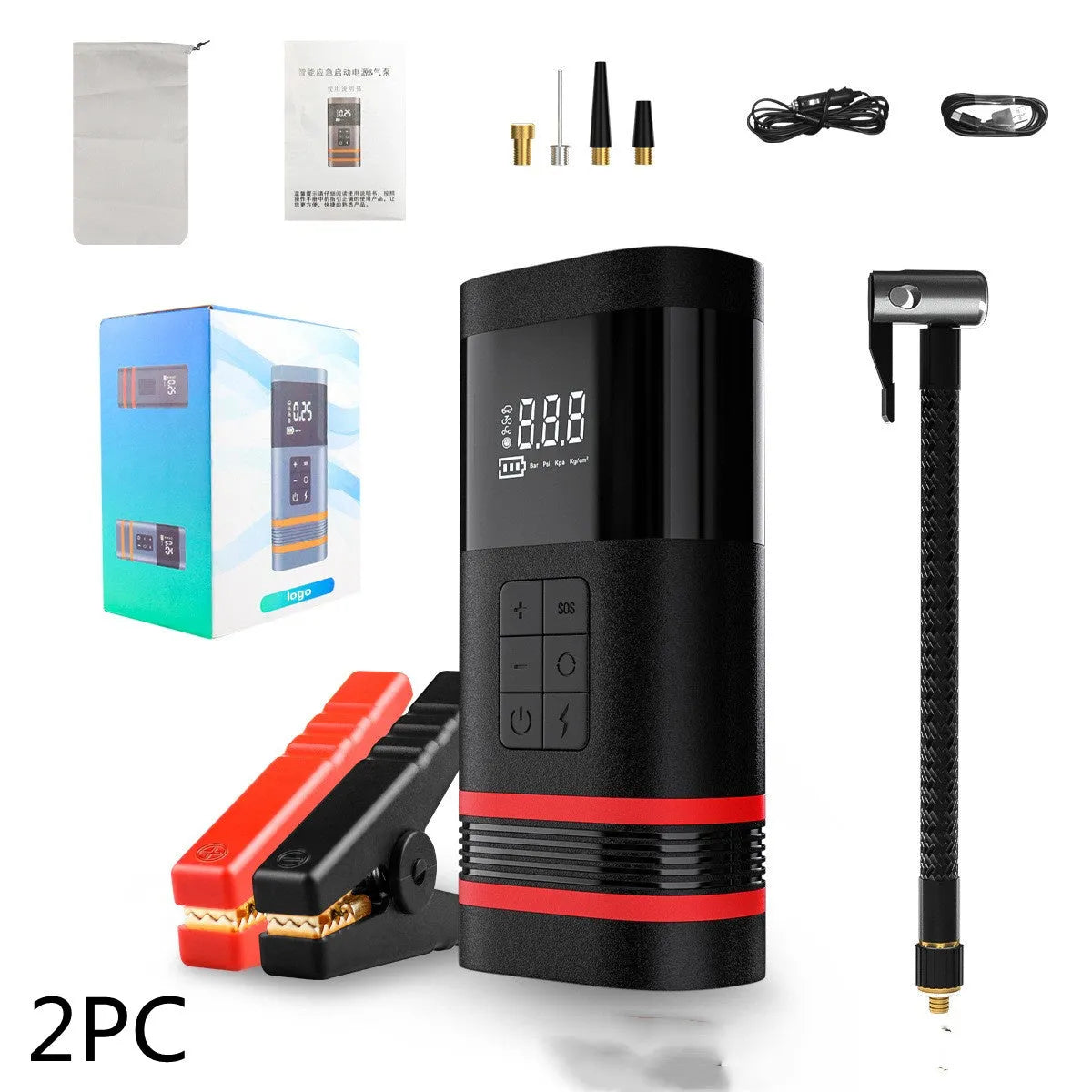 Black rectangular automobile emergency jump starter power bank with USB port and LED light.