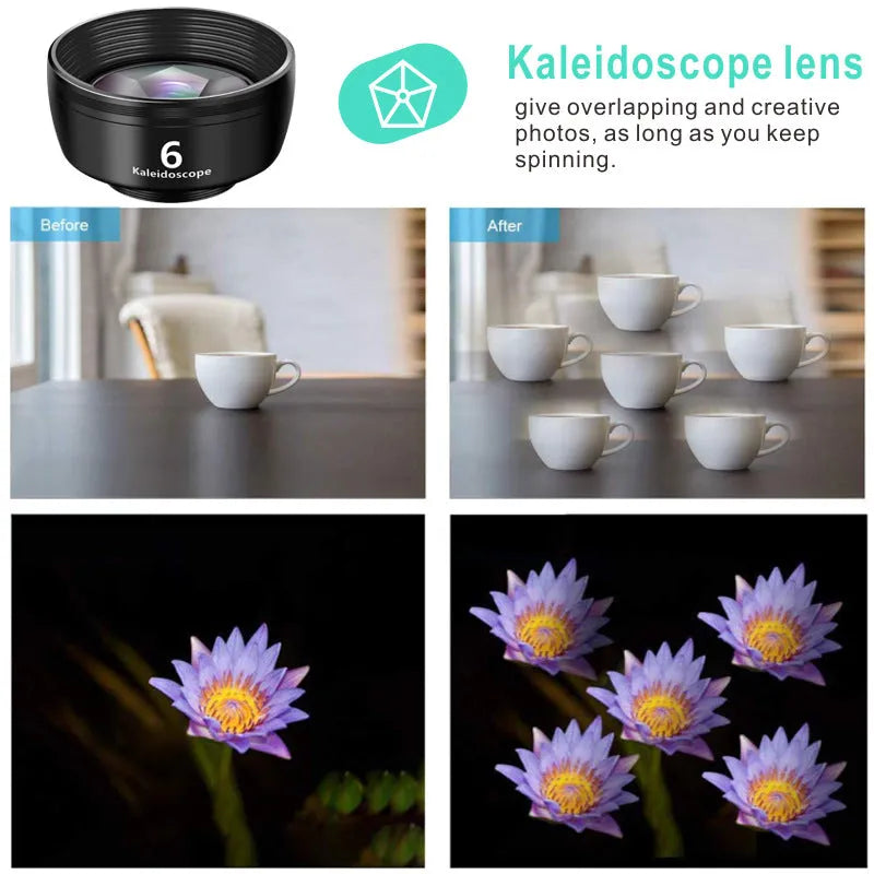 Ten-in-one external camera lens kit with fisheye, wide-angle, and macro lenses on smartphone