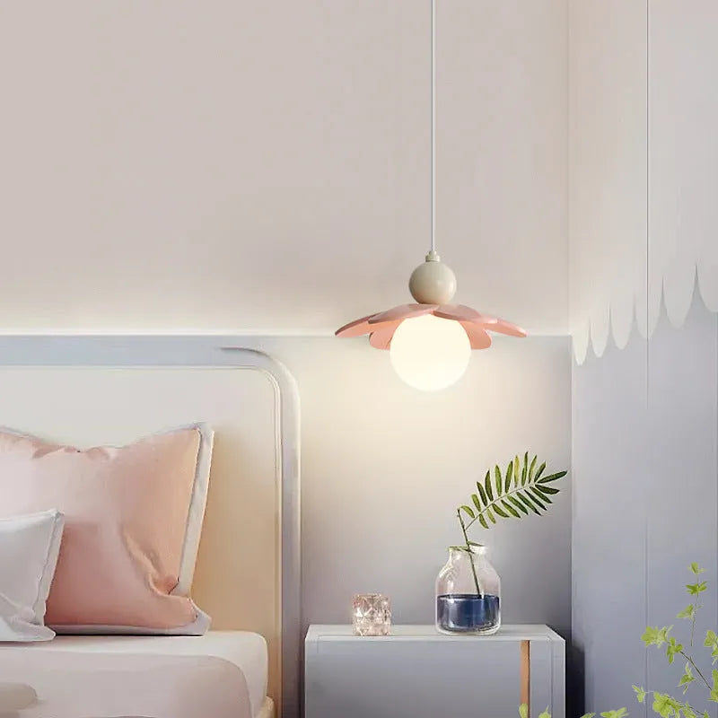 Modern minimalist cream style bedside chandelier with warm light option in pink finish for bedroom