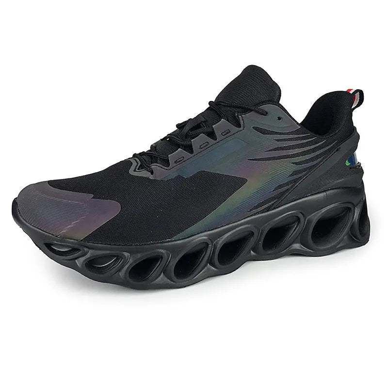 Men's casual mesh sports shoes in black, white, and dark blue colours with front lace-up closure