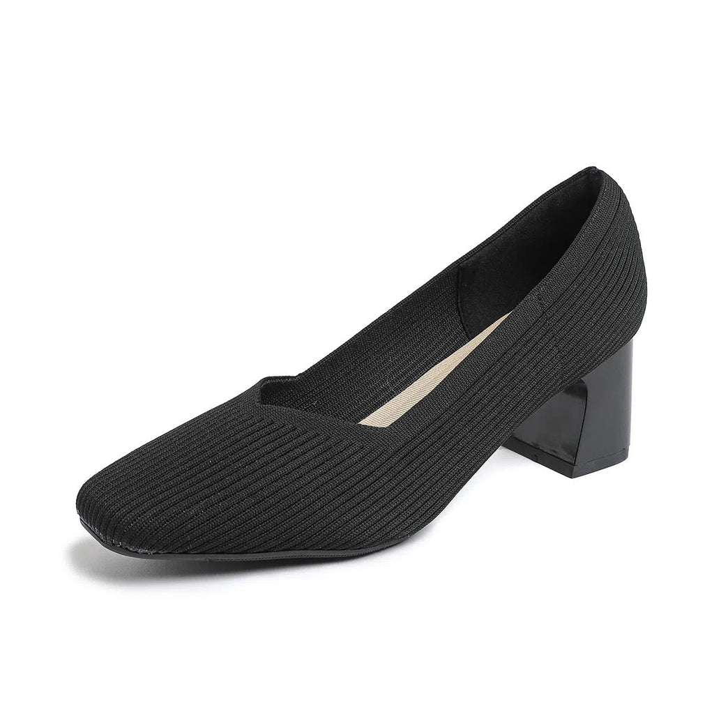 Women's knitted block heel shoes square toe breathable fabric upper mid-heel 3-6cm for commuting