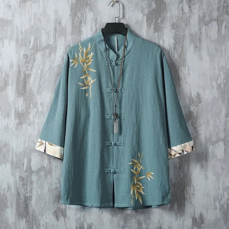 Chinese style cotton short sleeve shirt for men, available in multiple colours including white and army green, sizes M to 5XL