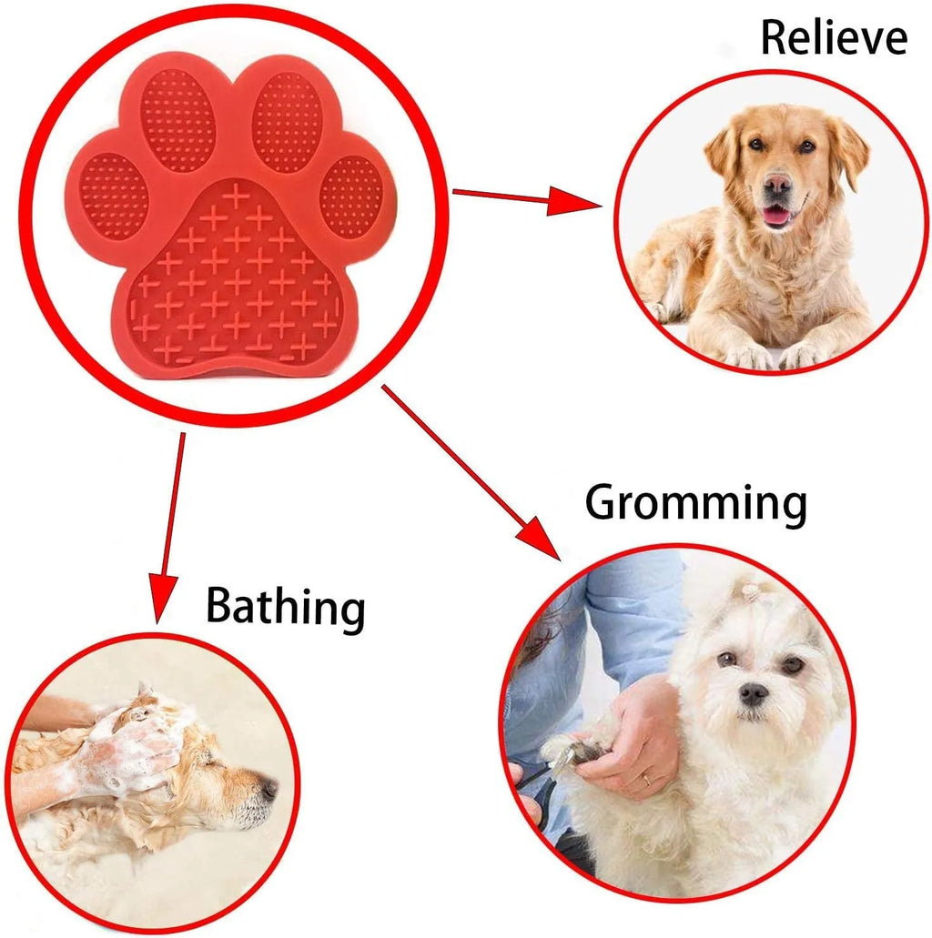 Dog licking mat with peanut butter and strong suction cups on bathroom tile, 18x18x1.2cm silicone pad