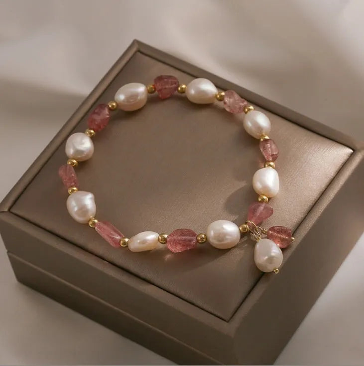 Handcrafted crystal bracelet with Hetian jade, peach blossom stone and strawberry quartz beads in natural design