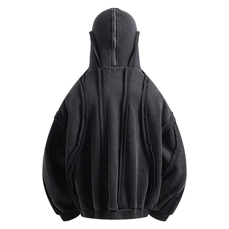 A black loose-fit men's padded coat with a hood, front zip, and abstract pattern.