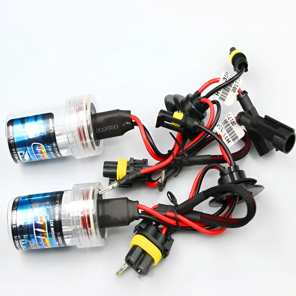 HID xenon automotive headlight bulb kit showing bulb with base types H1, H7, 9005 for 4300K, 6000K, 8000K colour temperatures.