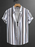 Men's striped summer shirt with stand collar and short sleeves in loose cardigan style