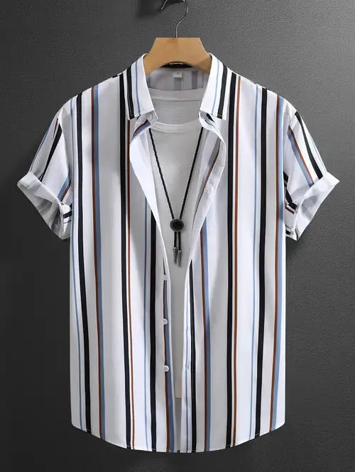 Men's striped summer shirt with stand collar and short sleeves in loose cardigan style