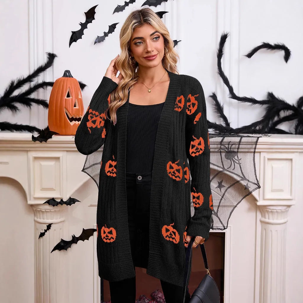 Women's black Halloween cardigan with orange pumpkin head jacquard pattern knitted design