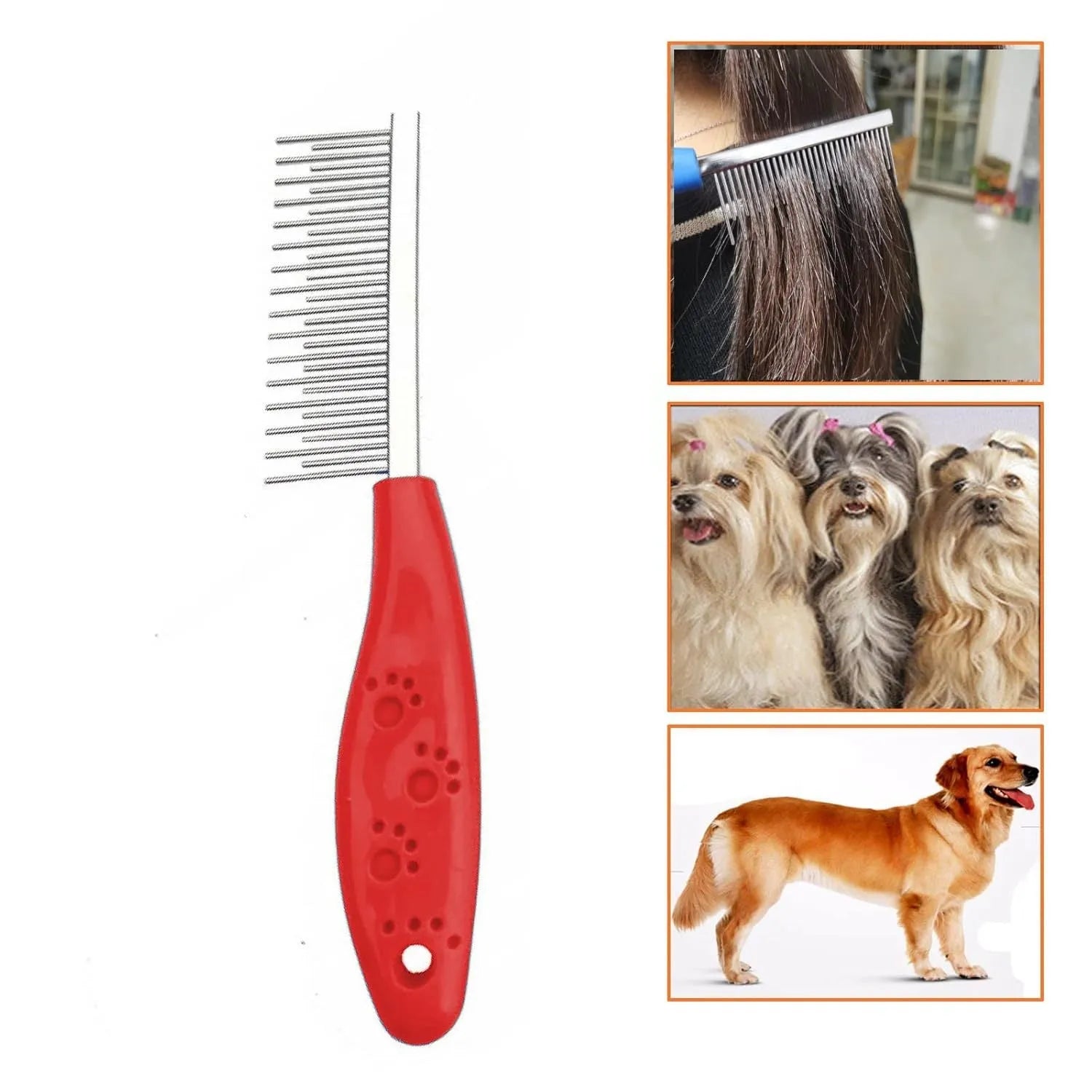 Red plastic handle pet grooming comb with dual-length stainless steel teeth for removing mats and tangles.