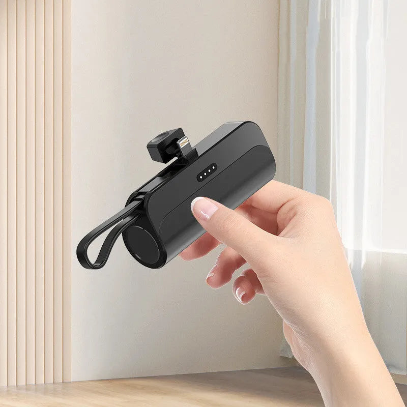 Capsule 20W 5000mAh mini power bank with folding bracket and built-in Type-C and Lightning cables in grey