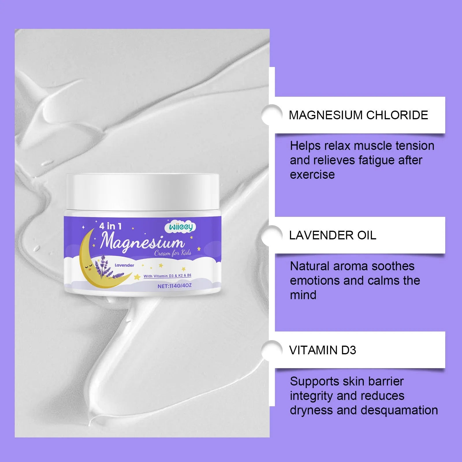 114g jar of children's 4-in-1 magnesium cream with vitamins D3, K2, B6