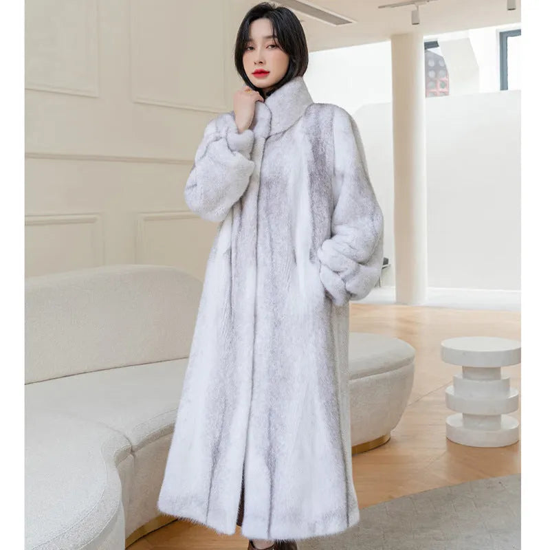 White women's faux fur coat with stand-up collar, 80 cm length, regular sleeves