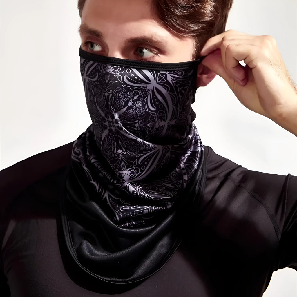 Lycra spandex full face and neck protection sun mask showing skull and floral design options