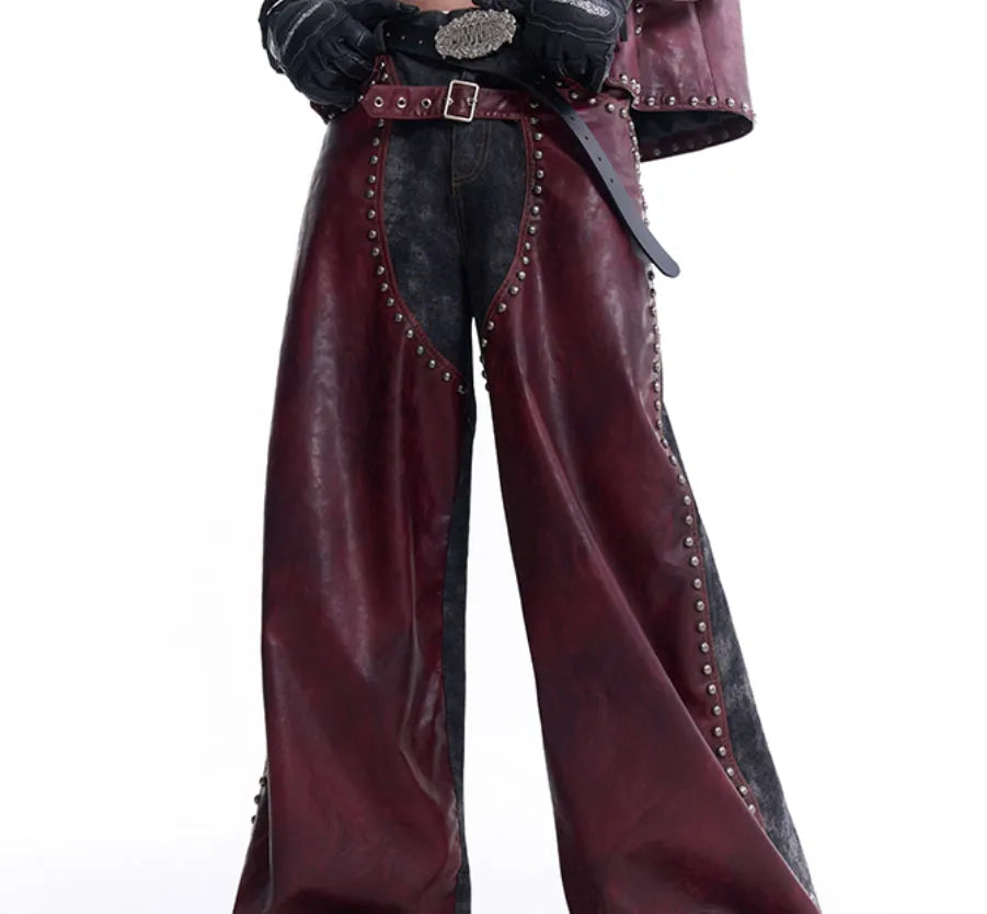 Red leather rivets vest coat with lapel collar and matching pants, Korean-style heavy industry design for men