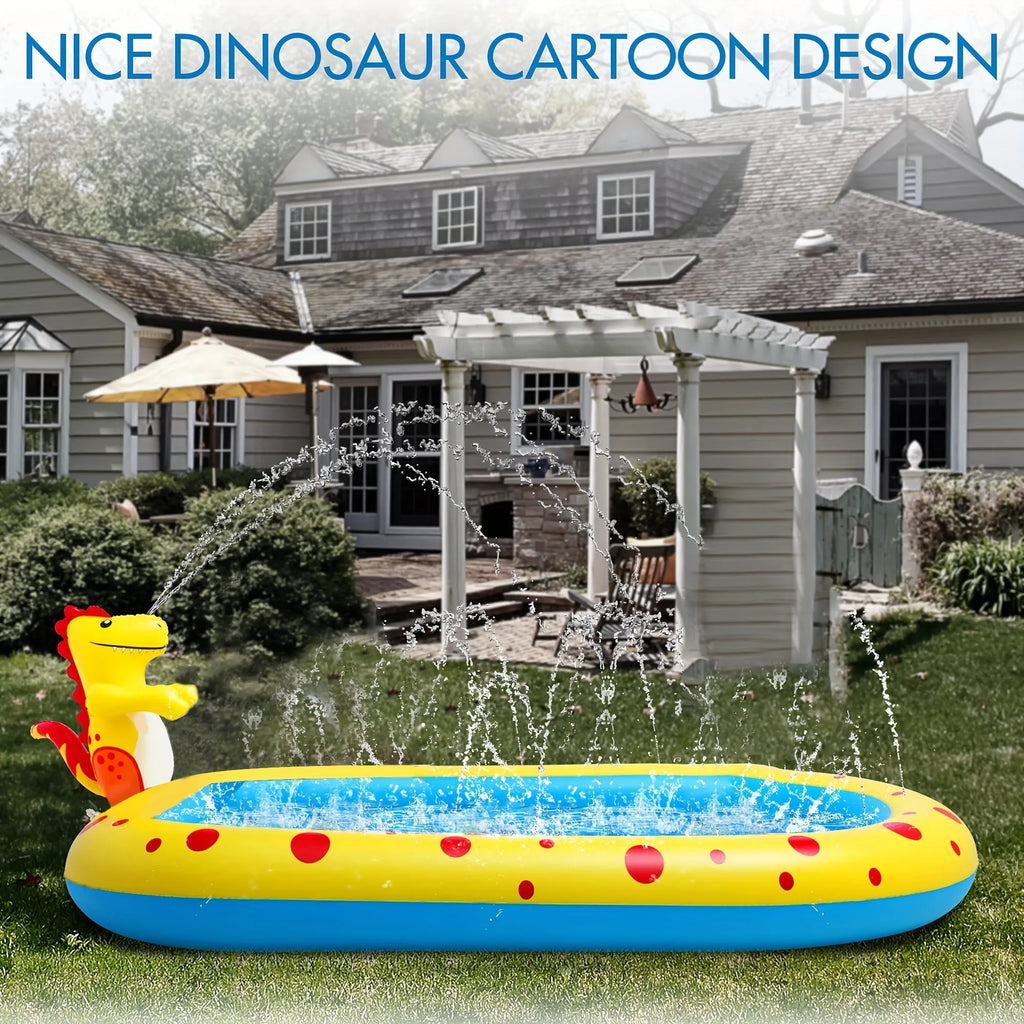Blue inflatable dinosaur water spray pool with four water spray zones for children's outdoor play