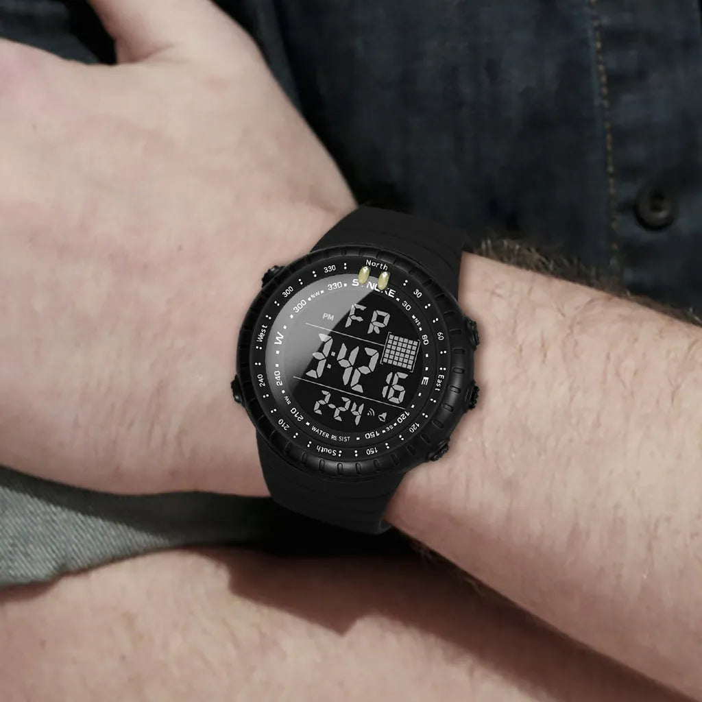 Black men's outdoor electronic waterproof watch with large dial on a PU strap