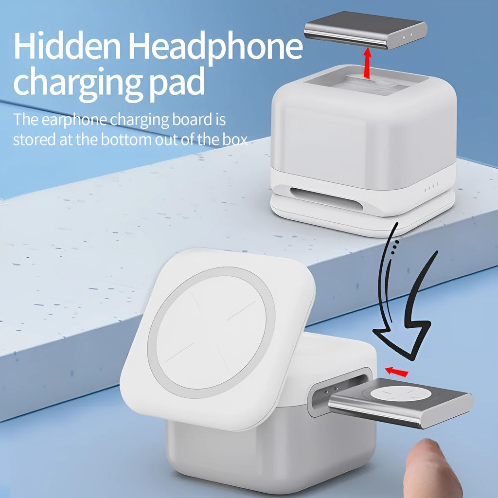White 3-in-1 wireless charger with hidden removable storage panel for phone, earbuds, and watch
